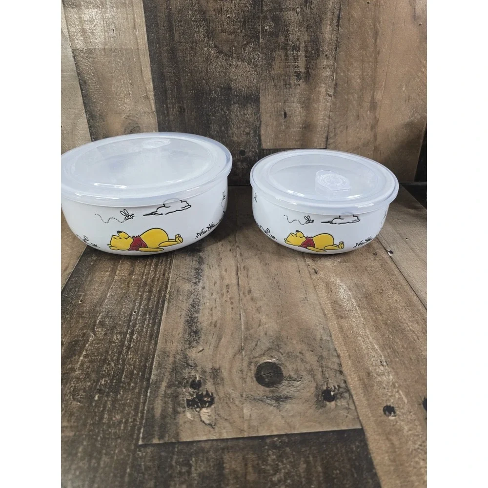 Disney Winnie the Pooh Ceramic Storage Bowl Set 2pc Vented Lids Hand Painted Art